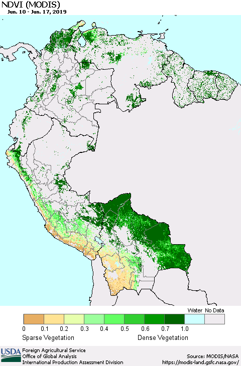 Northern South America NDVI (Terra-MODIS) Thematic Map For 6/11/2019 - 6/20/2019