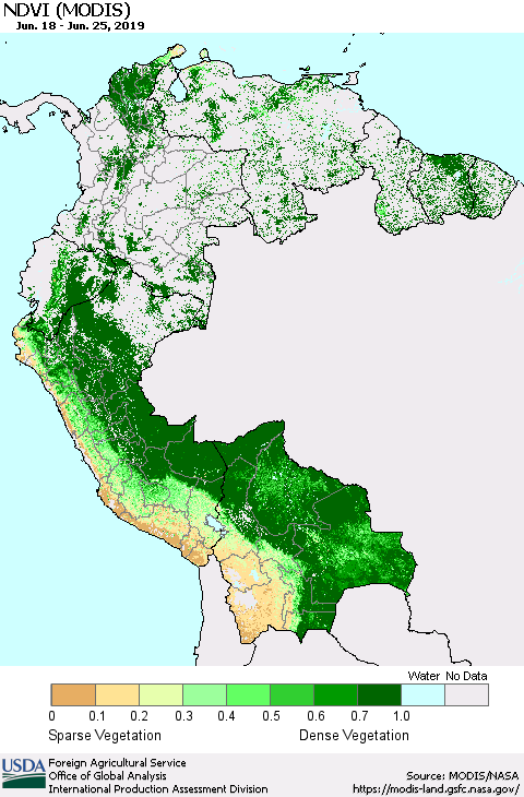 Northern South America NDVI (Terra-MODIS) Thematic Map For 6/21/2019 - 6/30/2019
