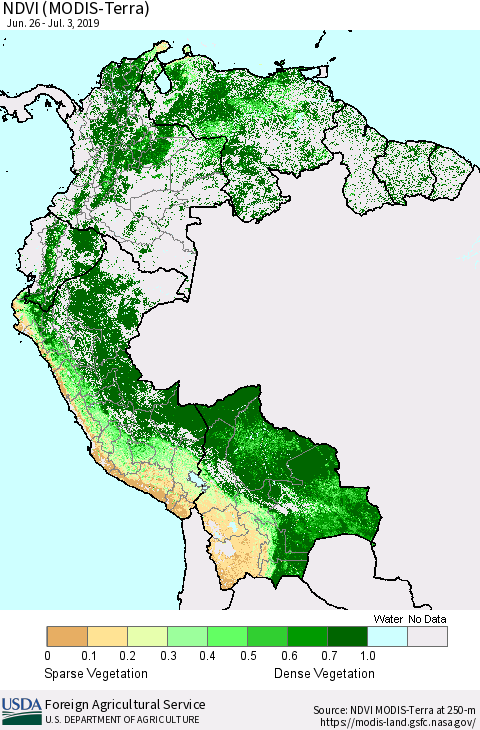 Northern South America NDVI (Terra-MODIS) Thematic Map For 7/1/2019 - 7/10/2019