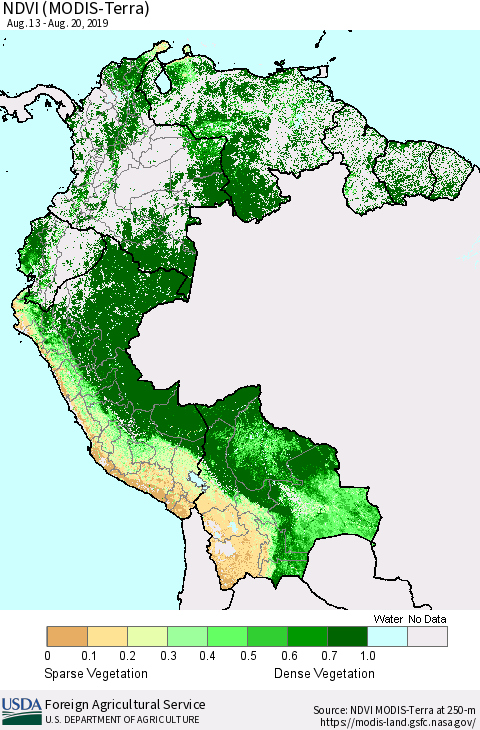 Northern South America NDVI (Terra-MODIS) Thematic Map For 8/11/2019 - 8/20/2019