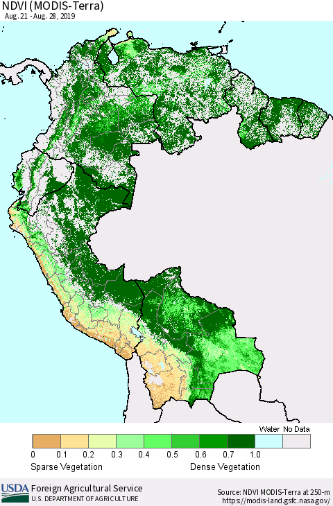 Northern South America NDVI (Terra-MODIS) Thematic Map For 8/21/2019 - 8/31/2019