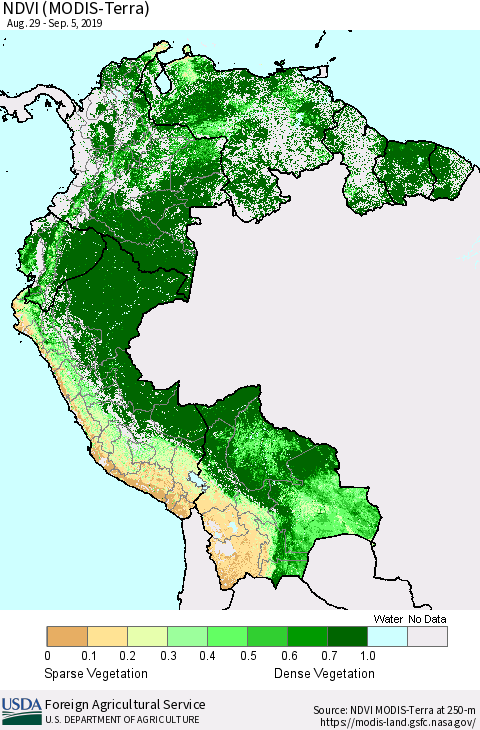 Northern South America NDVI (Terra-MODIS) Thematic Map For 9/1/2019 - 9/10/2019