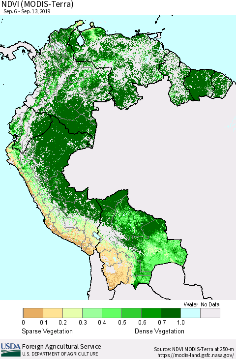 Northern South America NDVI (Terra-MODIS) Thematic Map For 9/11/2019 - 9/20/2019