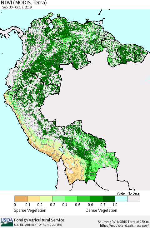 Northern South America NDVI (Terra-MODIS) Thematic Map For 10/1/2019 - 10/10/2019