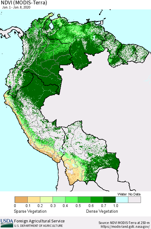 Northern South America NDVI (Terra-MODIS) Thematic Map For 1/1/2020 - 1/10/2020