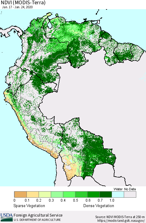 Northern South America NDVI (Terra-MODIS) Thematic Map For 1/21/2020 - 1/31/2020