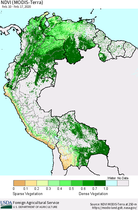 Northern South America NDVI (Terra-MODIS) Thematic Map For 2/11/2020 - 2/20/2020