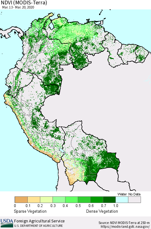 Northern South America NDVI (Terra-MODIS) Thematic Map For 3/11/2020 - 3/20/2020