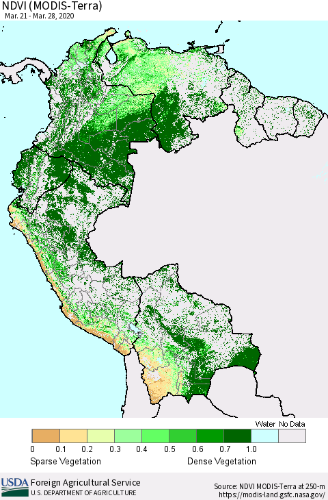Northern South America NDVI (Terra-MODIS) Thematic Map For 3/21/2020 - 3/31/2020