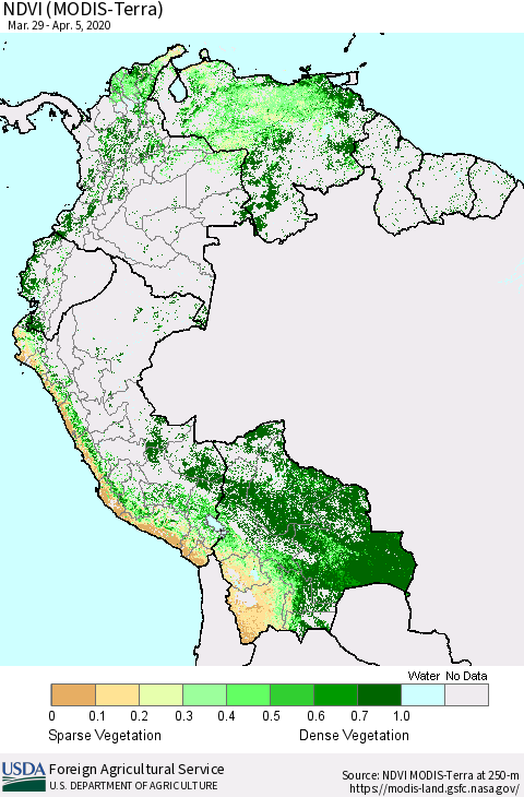 Northern South America NDVI (Terra-MODIS) Thematic Map For 4/1/2020 - 4/10/2020