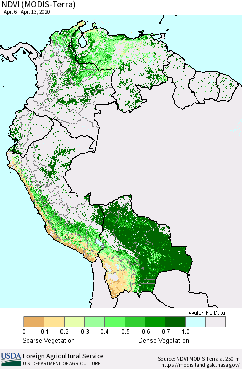 Northern South America NDVI (Terra-MODIS) Thematic Map For 4/11/2020 - 4/20/2020