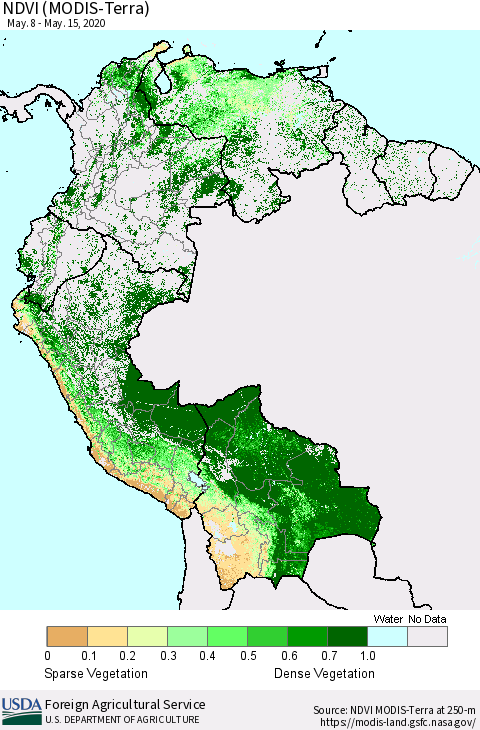 Northern South America NDVI (Terra-MODIS) Thematic Map For 5/11/2020 - 5/20/2020