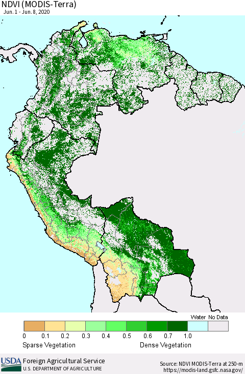 Northern South America NDVI (Terra-MODIS) Thematic Map For 6/1/2020 - 6/10/2020