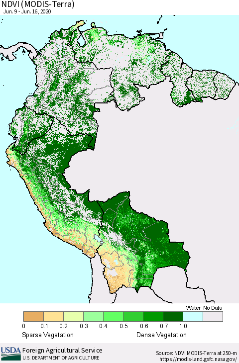 Northern South America NDVI (Terra-MODIS) Thematic Map For 6/11/2020 - 6/20/2020
