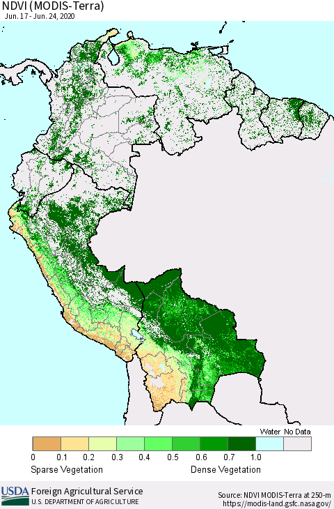 Northern South America NDVI (Terra-MODIS) Thematic Map For 6/21/2020 - 6/30/2020