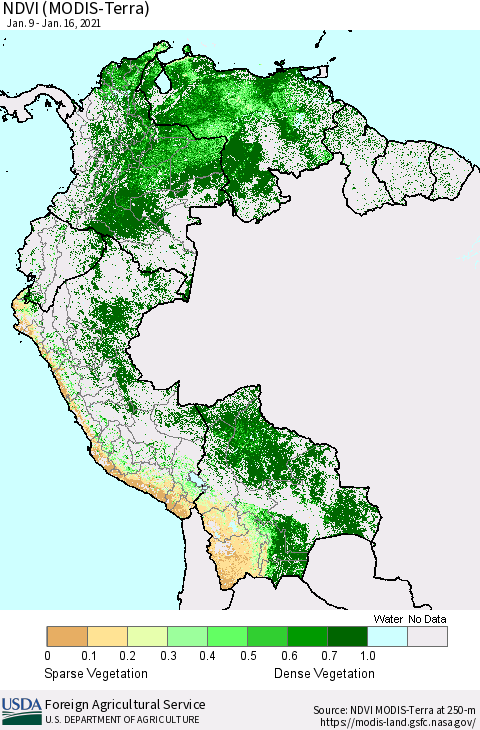 Northern South America NDVI (Terra-MODIS) Thematic Map For 1/11/2021 - 1/20/2021