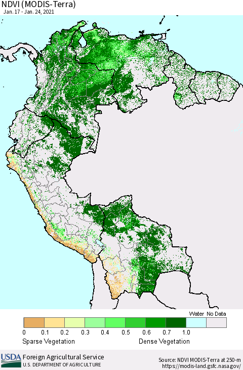 Northern South America NDVI (Terra-MODIS) Thematic Map For 1/21/2021 - 1/31/2021