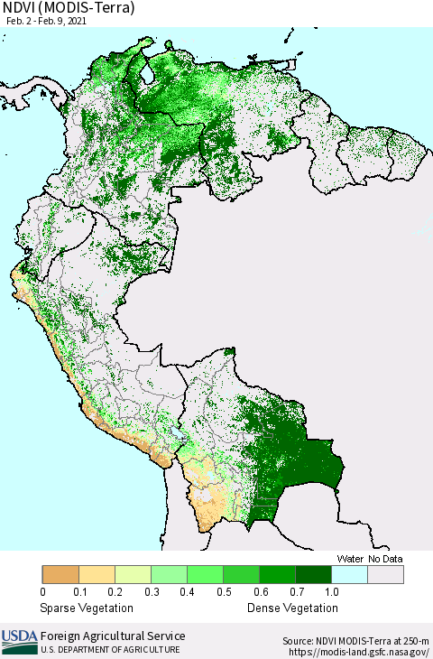 Northern South America NDVI (MODIS-Terra) Thematic Map For 2/1/2021 - 2/10/2021