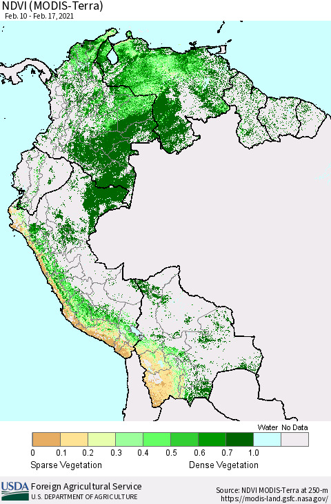 Northern South America NDVI (Terra-MODIS) Thematic Map For 2/11/2021 - 2/20/2021