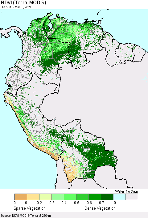 Northern South America NDVI (Terra-MODIS) Thematic Map For 2/26/2021 - 3/5/2021
