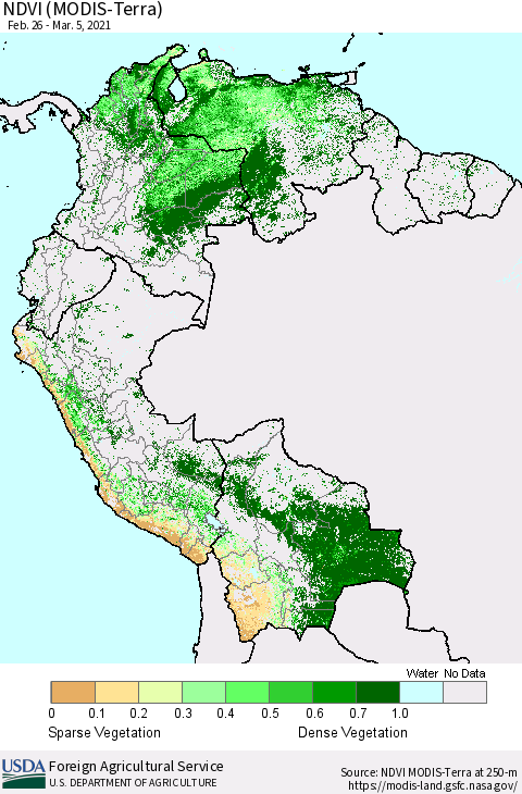 Northern South America NDVI (Terra-MODIS) Thematic Map For 3/1/2021 - 3/10/2021