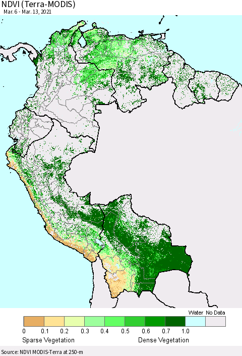 Northern South America NDVI (Terra-MODIS) Thematic Map For 3/6/2021 - 3/13/2021