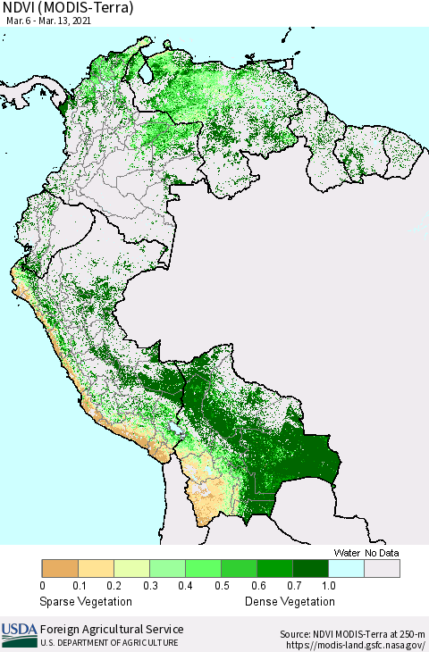 Northern South America NDVI (Terra-MODIS) Thematic Map For 3/11/2021 - 3/20/2021
