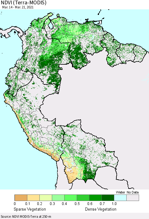 Northern South America NDVI (Terra-MODIS) Thematic Map For 3/14/2021 - 3/21/2021