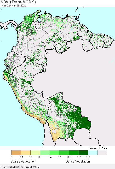 Northern South America NDVI (Terra-MODIS) Thematic Map For 3/22/2021 - 3/29/2021