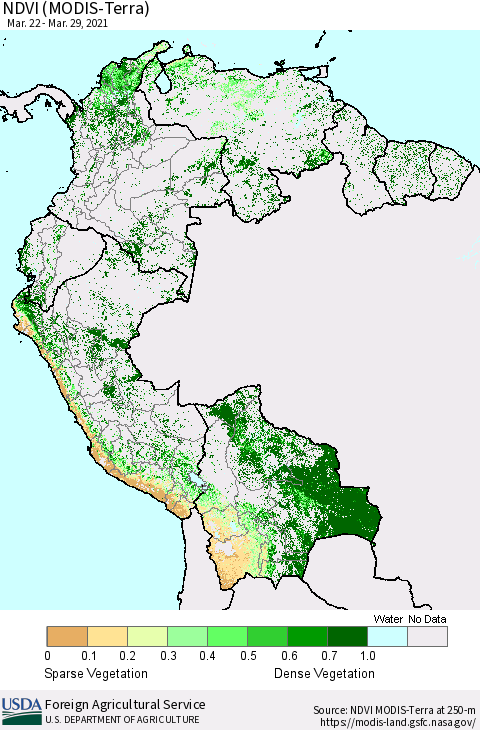 Northern South America NDVI (Terra-MODIS) Thematic Map For 3/21/2021 - 3/31/2021