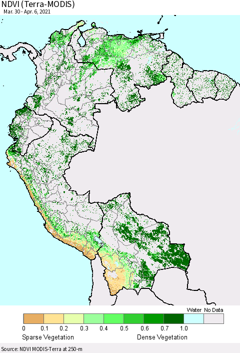Northern South America NDVI (Terra-MODIS) Thematic Map For 3/30/2021 - 4/6/2021