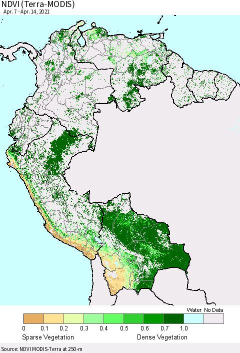 Northern South America NDVI (Terra-MODIS) Thematic Map For 4/7/2021 - 4/14/2021