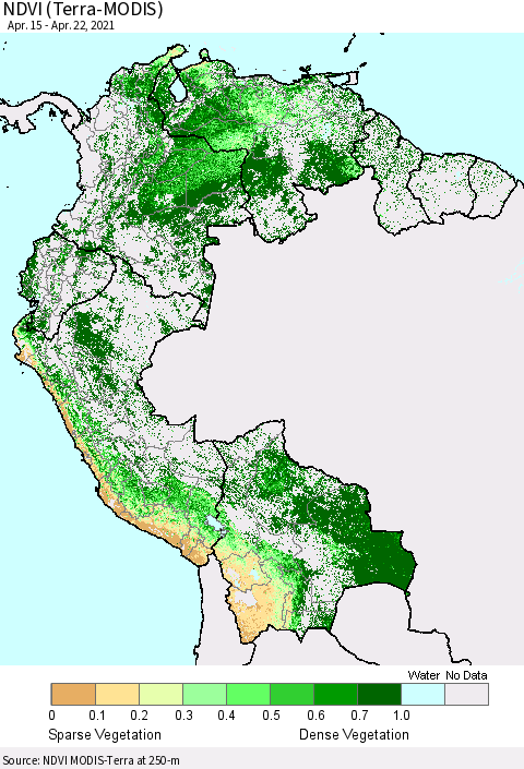 Northern South America NDVI (Terra-MODIS) Thematic Map For 4/15/2021 - 4/22/2021