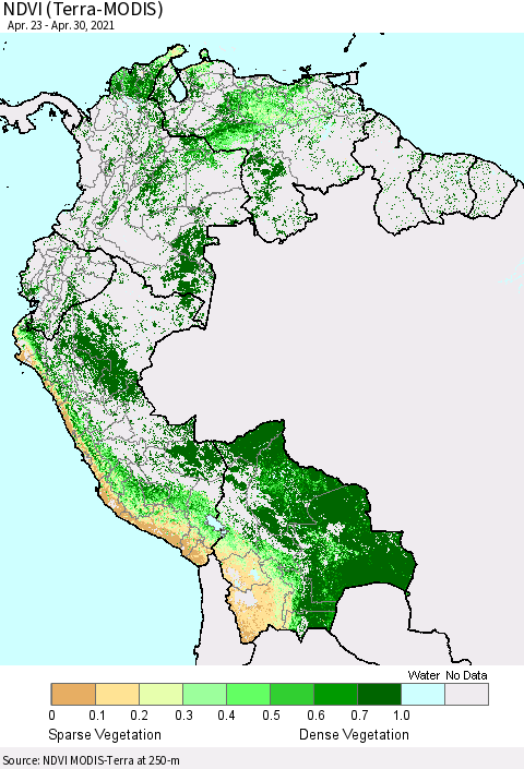 Northern South America NDVI (Terra-MODIS) Thematic Map For 4/23/2021 - 4/30/2021