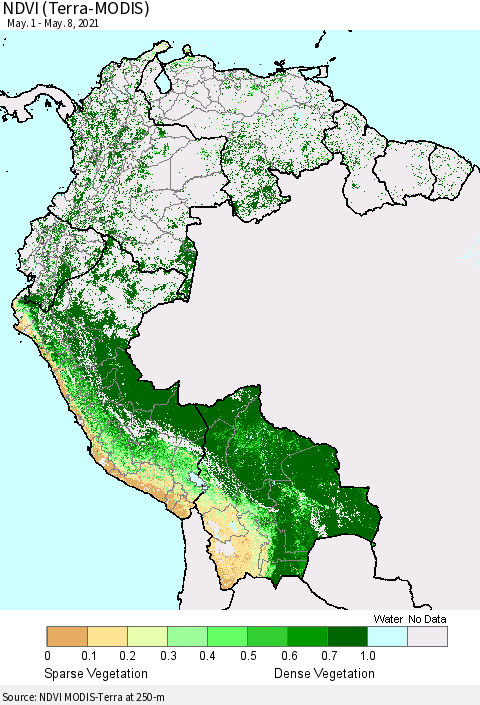 Northern South America NDVI (Terra-MODIS) Thematic Map For 5/1/2021 - 5/8/2021
