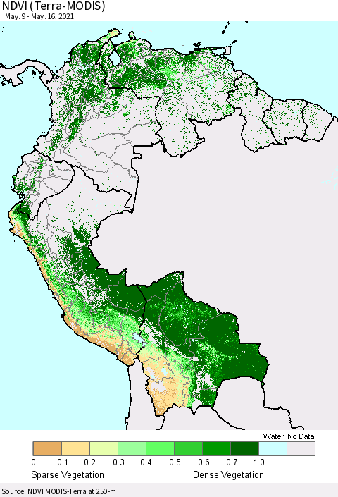 Northern South America NDVI (Terra-MODIS) Thematic Map For 5/9/2021 - 5/16/2021