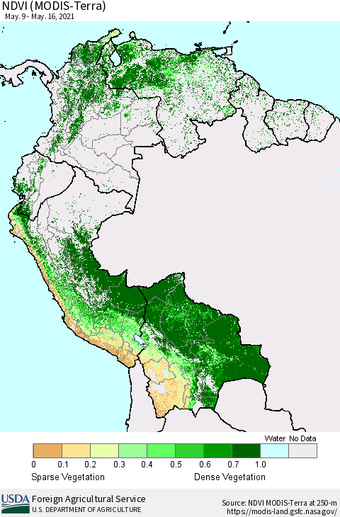 Northern South America NDVI (Terra-MODIS) Thematic Map For 5/11/2021 - 5/20/2021