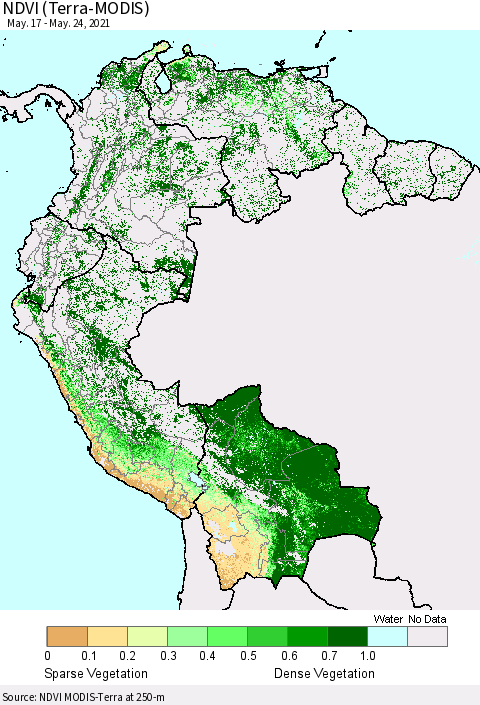 Northern South America NDVI (Terra-MODIS) Thematic Map For 5/17/2021 - 5/24/2021