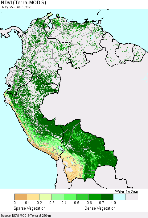 Northern South America NDVI (Terra-MODIS) Thematic Map For 5/25/2021 - 6/1/2021