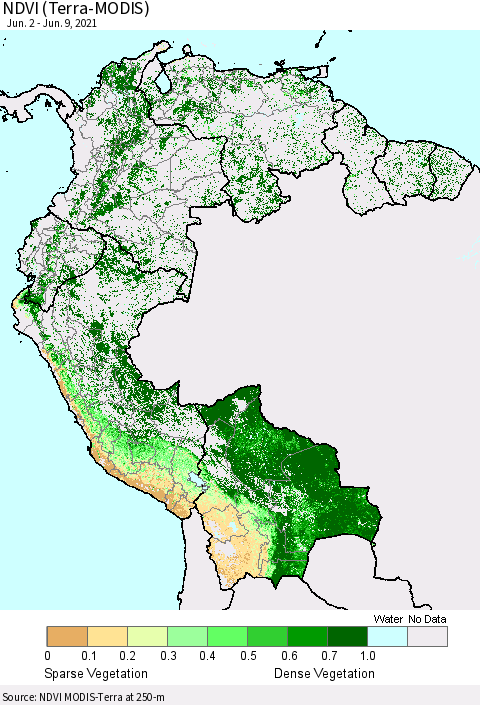 Northern South America NDVI (Terra-MODIS) Thematic Map For 6/2/2021 - 6/9/2021
