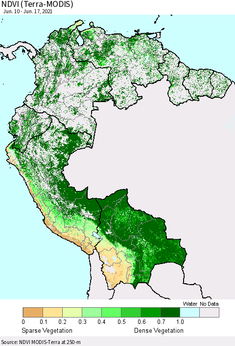 Northern South America NDVI (Terra-MODIS) Thematic Map For 6/10/2021 - 6/17/2021