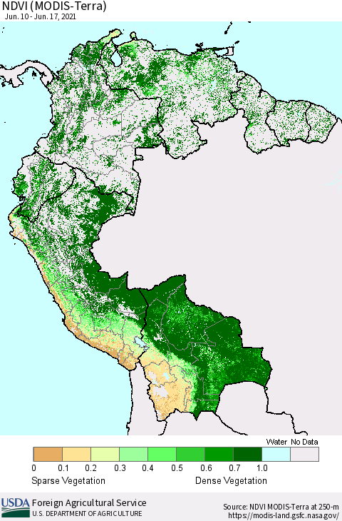 Northern South America NDVI (Terra-MODIS) Thematic Map For 6/11/2021 - 6/20/2021