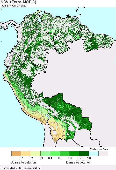 Northern South America NDVI (Terra-MODIS) Thematic Map For 6/18/2021 - 6/25/2021