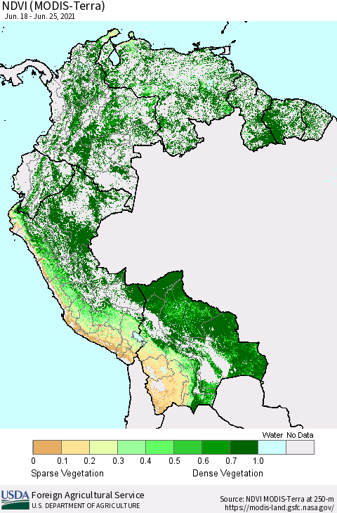 Northern South America NDVI (Terra-MODIS) Thematic Map For 6/21/2021 - 6/30/2021