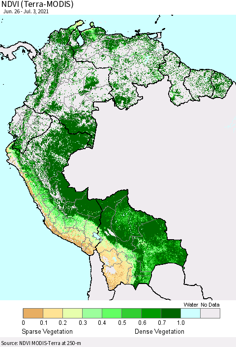Northern South America NDVI (Terra-MODIS) Thematic Map For 6/26/2021 - 7/3/2021