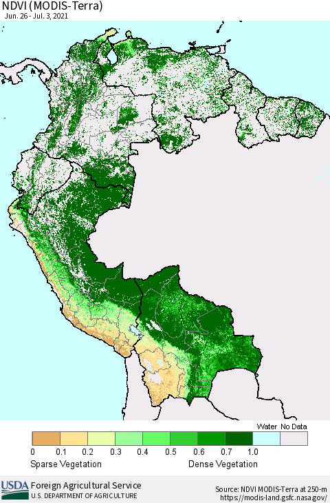 Northern South America NDVI (Terra-MODIS) Thematic Map For 7/1/2021 - 7/10/2021