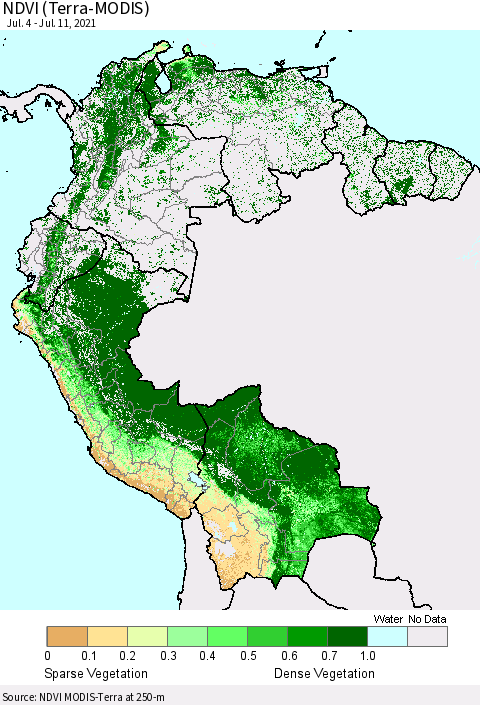 Northern South America NDVI (Terra-MODIS) Thematic Map For 7/4/2021 - 7/11/2021