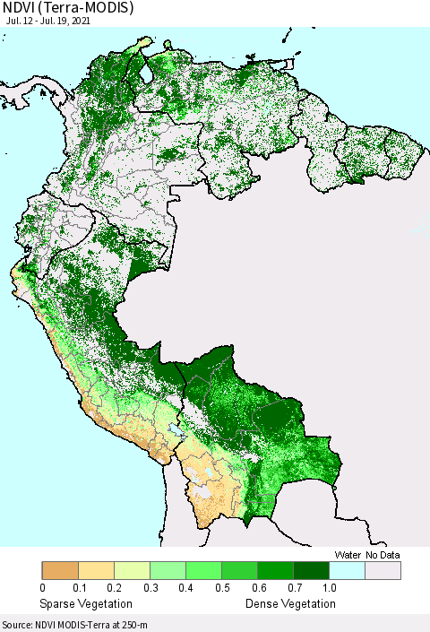 Northern South America NDVI (Terra-MODIS) Thematic Map For 7/12/2021 - 7/19/2021