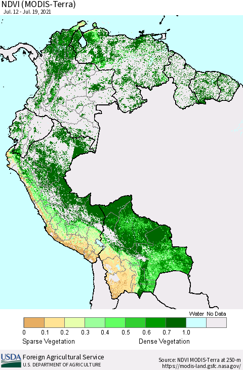 Northern South America NDVI (Terra-MODIS) Thematic Map For 7/11/2021 - 7/20/2021