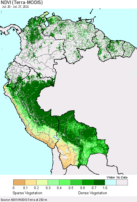 Northern South America NDVI (Terra-MODIS) Thematic Map For 7/20/2021 - 7/27/2021